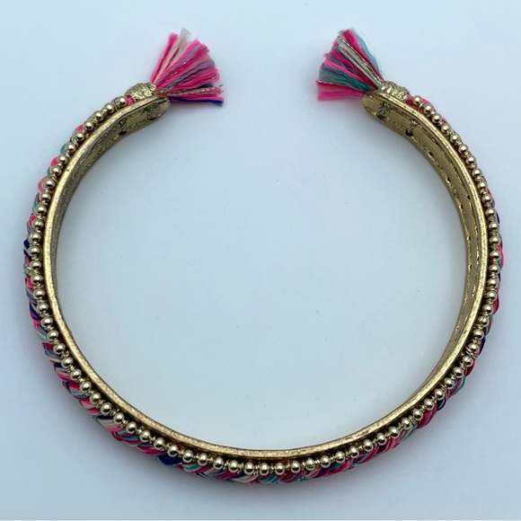 Cute Stella & Dot Pink Braided Tassel Gold-Tone Cuff Bracelet - Picture 6 of 8